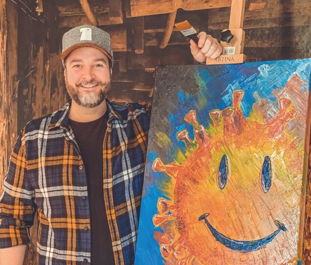 Der Künstler Jan Hendrik Lehrich aus Bottrop-Grafenwald sammelt mit dem Verkauf seiner Acryl-Kunstwerke Spenden für systemrelevante Pflegekräfte in der Corona-Zeit.