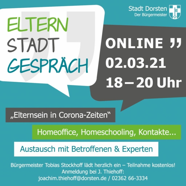 Beim Dorstener ElternStadtGespräch tauschen sich Eltern untereinander und mit Experten über den Alltag zuhause während der Corona-Pandemie, dem Homeschooling, dem Homeoffice und den Pandemie-Problemen aus.