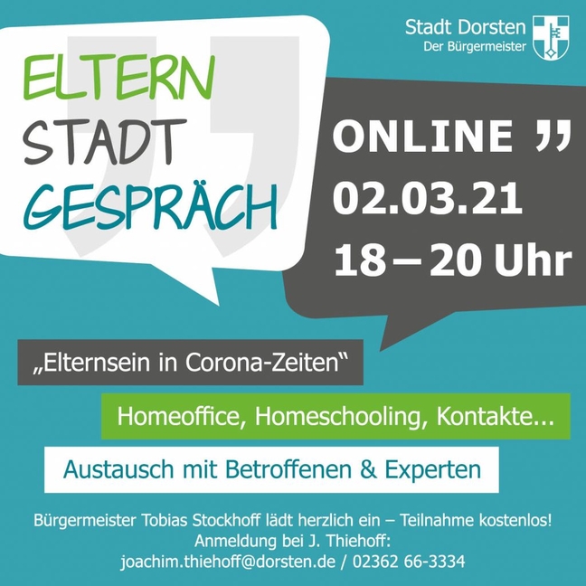 Beim Dorstener ElternStadtGespräch tauschen sich Eltern untereinander und mit Experten über den Alltag zuhause während der Corona-Pandemie, dem Homeschooling, dem Homeoffice und den Pandemie-Problemen aus.