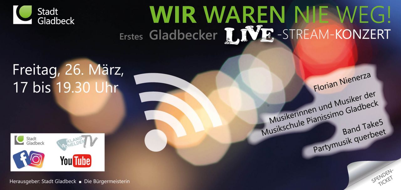 Das erste Konzert per Stream wird Ende März aus der Gladbecker Mathias-Jakobs-Stadthalle heraus in die Wohnzimmer des Publikums getragen.